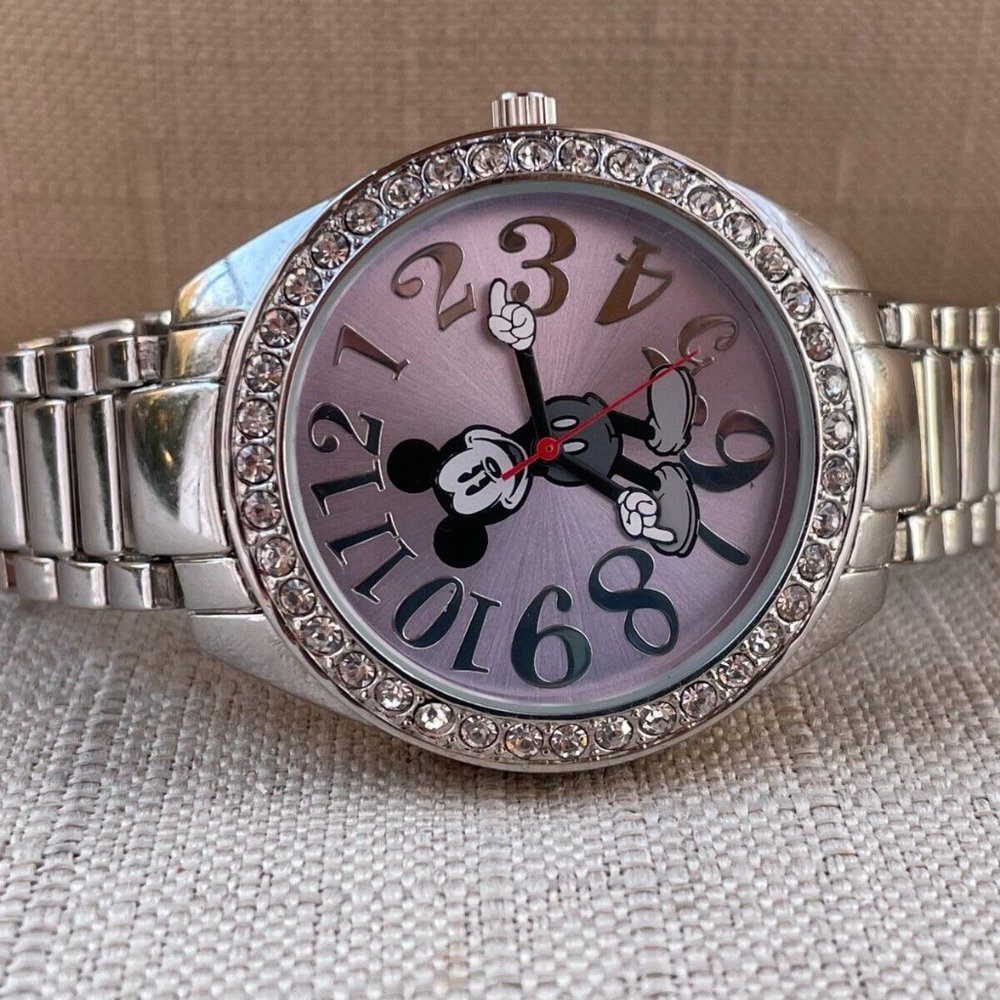 Disney Accutime Women Wristwatch Silver Tone Pink Face Quartz Watch - Picture 2 of 12